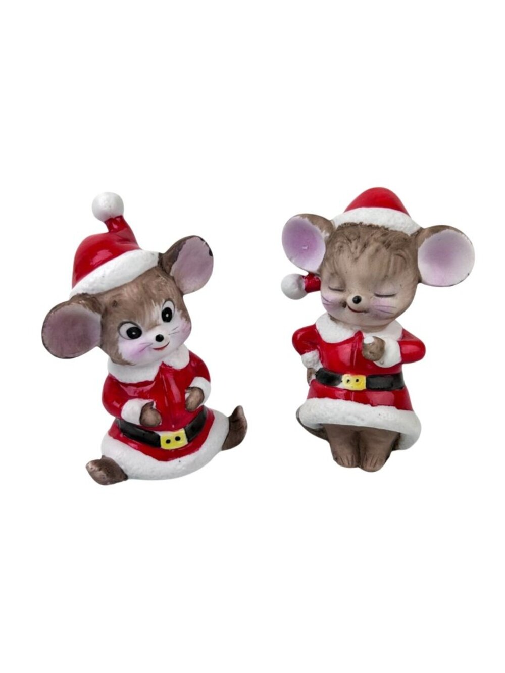 Lefton Mice Santa Outfit Ceramic Figurines Set 2 Christmas Taiwan VTG Flaw READ